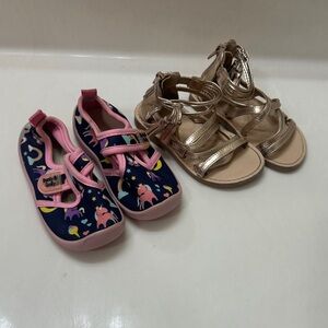 Bundle Pink & Navy Unicorn Water Shoes and Gold Strappy Sandals - Kids Shoes Set